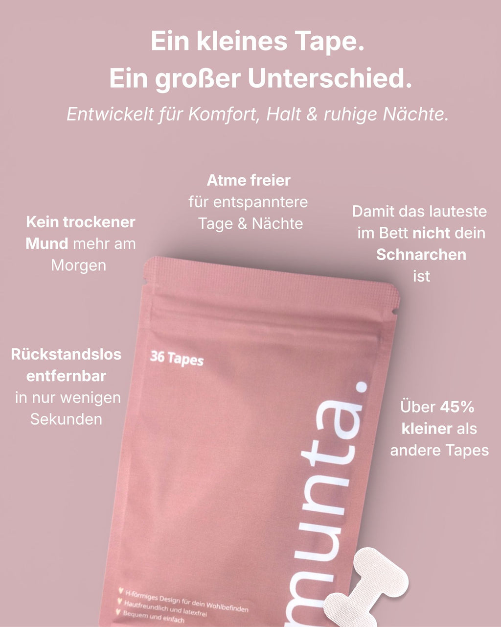 Munta Verpackung mit Produktinformationen. Mundpflaster zur Unterstützung der Nasenatmung. 